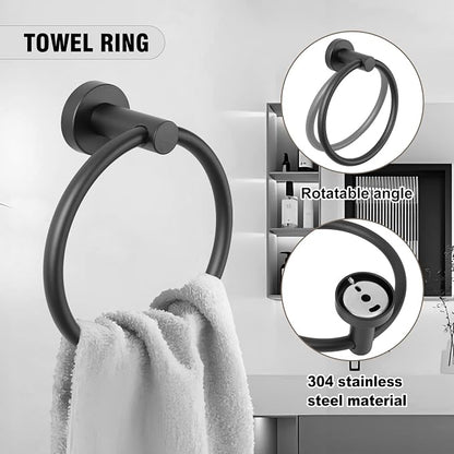 5 Piece Modern Style Wall Mounted Bathroom Hardware Set | #304 Stainless Steel, 24" Towel Bar Mount, Towel Rings, 2 Pillar Toilet Paper Holder, Bathrobe Hook (Matt Black)