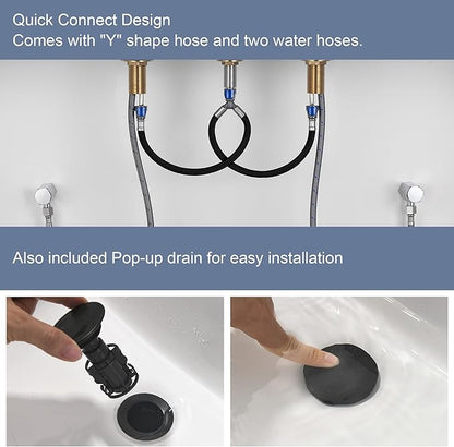 Black Bathroom Faucet 3 Holes - Two Handles Widespread 8 inch Bathroom Sink Faucet 3 Pieces Basin Faucets 360 Degree Swivel Spout Vanity Sink Faucet with Drain & Supply Hoses