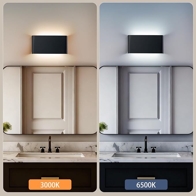 2 Pack Modern LED Wall Sconces, Hardwired Up Down Wall Light | 5CCT Adjustable 3000K-6500K. Black Aluminum Indoor Wall Sconce. Ideal for Bathroom, Bedroom, Hallway, Living Room.