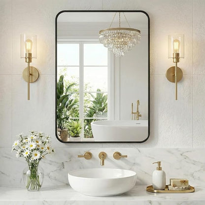 NEWBULIG Bathroom Mirror 26X38 Inch, Vanity Mirror for Wall | Rectangle Rounded Corners, Metal Frame Over Sink, Entryway Bedroom Hang, Horizontal or Vertical, Black