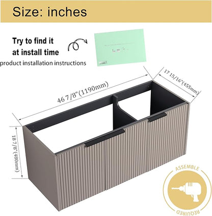Malwee 48" Floating Bathroom Vanity Without Sink, 48 inch Wall Mounted Bathroom Cabinet, Modern Khaki Cabinet with 3 Soft Close Doors, Basin not Include(MA10348DKH-C)