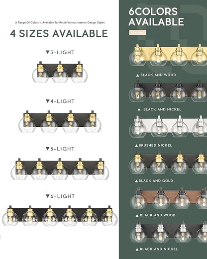 Bathroom Light Fixtures, 5-Light Black and Gold Bathroom Vanity Light, 32 Inch Modern Wall Sconces with Globe Clear Glass Shade, Vanity Lighting Fixtures Over Mirror, VL195-KG-5