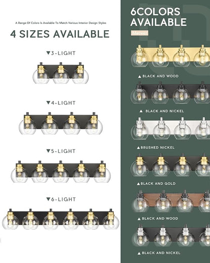 4-Light Black and Gold Bathroom Vanity Light, Clear Glass Globes | 26" modern bathroom light fixtures over mirror, E26 base, bulbs not included, VL195-KG-4