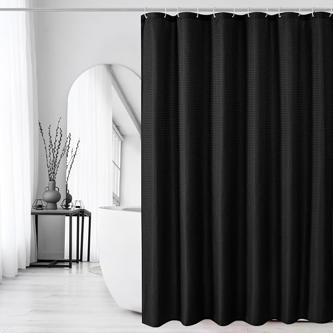 Extra Long Black Fabric Shower Curtain, 72 × 90 | 90 Inches Long Weave Textured Fabric Shower Curtain for Bathroom, Water Repellent, Machine Washable