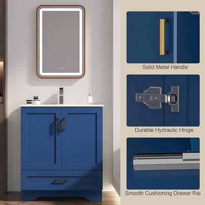 30 inch Bathroom Vanity with Sink, Modern Blue Vanity for Bathroom with Undermount Ceramic Sink, Freestanding 2-Door & 1-Drawer Storage Cabinet, for Small Bathroom Space, (Blue, 30")