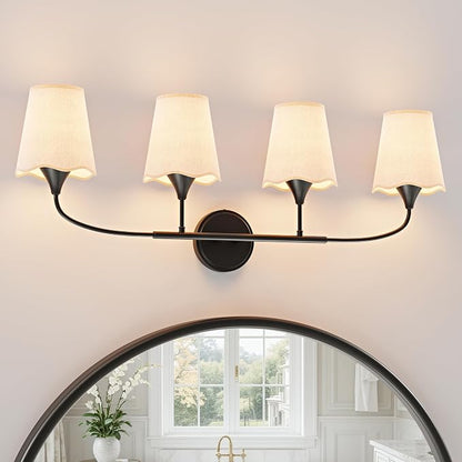 Morauroral Bathroom Light Fixtures Over Mirror, 4 Light Vanity Light for Bathroom, Black Vanity Light Fixtures with Fabric Linen Shade, E26 Socket Sconce Wall Decor(ETL Listed)