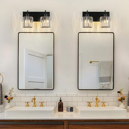 Black Crystal Bathroom Vanity Lights, Modern 2-Lights Bathroom Lighting Fixtures Over Mirror, Crystal Wall Lighting with Round Shade