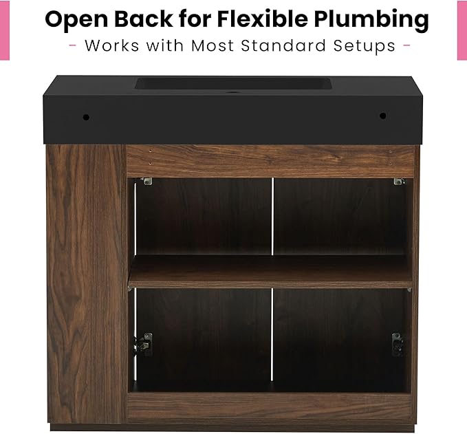 36" Bathroom Vanity with Sink Combo, Mid Century Modern Bathroom Cabinet with Doors & Open Shelf, Matte Black Integrated Sink with Overflow, Brown Walnut