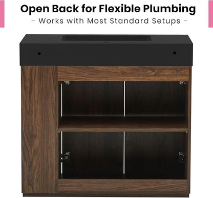 36" Bathroom Vanity with Sink Combo, Mid Century Modern Bathroom Cabinet with Doors & Open Shelf, Matte Black Integrated Sink with Overflow, Brown Walnut