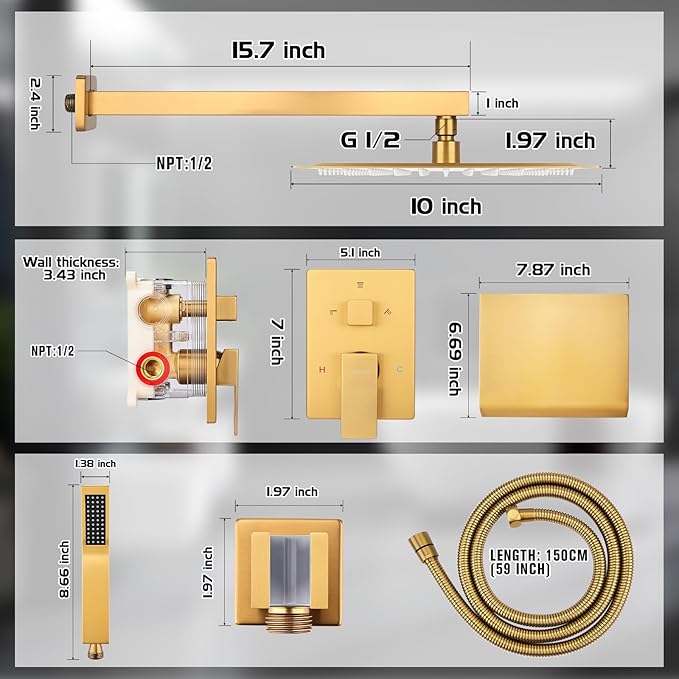 10 Inch Rainfall Shower System with Tub Spout - Wall Mounted Complete Combo with Solid Brass Pressure Balancing Valve, High Pressure Shower Head, Handle Set & Installation Accessories Brushed Gold