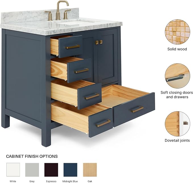 ARIEL Cambridge 36-inch Bathroom Vanity with Sink,Solid Wood, 1.5-inch Italian Carrara Marble Countertop, Single Rectangular Porcelain Sink, 2 Soft Closing Doors, 5 Dovetail Drawers, Midnight Blue