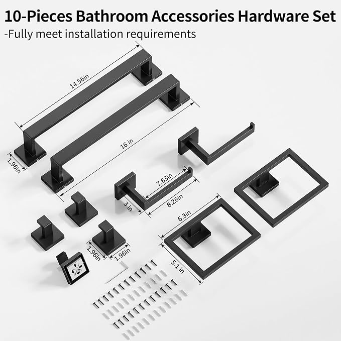 Gypie Bathroom Accessories Set Wall Mounted, 10-Piece 16In Matte Black | Stainless Steel Modern Wall Mount Towel Racks for Bathroom Towel Bar Set