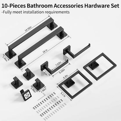 Gypie Bathroom Accessories Set Wall Mounted, 10-Piece 16In Matte Black | Stainless Steel Modern Wall Mount Towel Racks for Bathroom Towel Bar Set