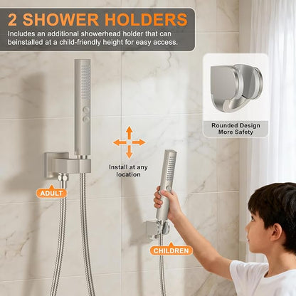 Brushed Nickel Shower System with Tub Spout, Ceiling Mounted Bathtub Shower Faucet Set, 12" Rainfall Shower Head and Handheld Shower Combo, High Pressure Shower Fixtures Set with Rough-in Valve