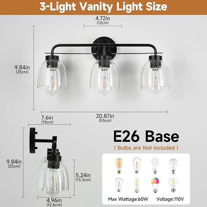 3-Light Farmhouse Bathroom Vanity Light Fixtures, Modern Industrial Black Vanity Lights for Bathroom Light Fixtures with Vintage Bubble Glass Shade Wall Sconce for Mirror, Bedroom, Hallway