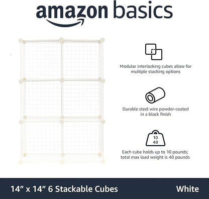 Amazon Basics 6 Cube Wire Grid Storage Organizer, Stackable Storage Cubes, Modular Closet Organizer Shelves, 14.6" D x 30.3" W x 44.8" H, White