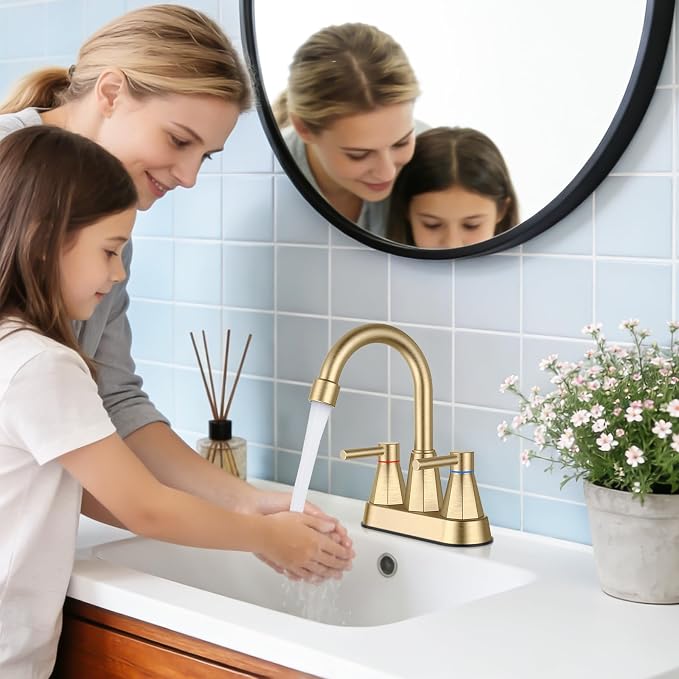 Bathroom Sink Faucet Brushed Gold, 2-Handle 4-inch Centerset Faucet | Lead-free stainless steel, pop-up drain included, Detachable faucet aerator, 360°swivel spout, for vanity sink 3-hole mount