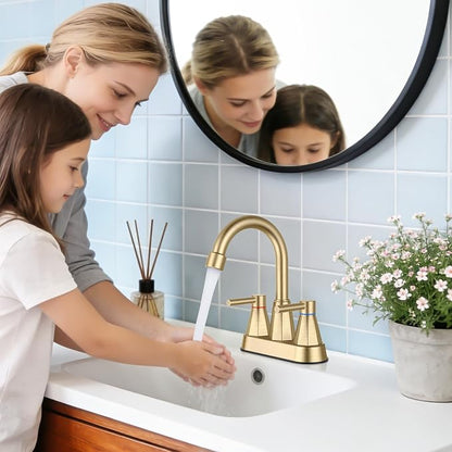 Bathroom Sink Faucet Brushed Gold, 2-Handle 4-inch Centerset Faucet | Lead-free stainless steel, pop-up drain included, Detachable faucet aerator, 360°swivel spout, for vanity sink 3-hole mount