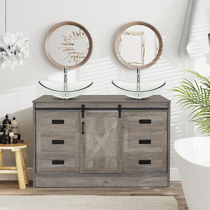 48 Inch Barn Door Bathroom Vanity with 6 Drawers, Farmhouse Style Standing Pedestal Cabinet with Two Clear Boat Glass Vessel Sinks