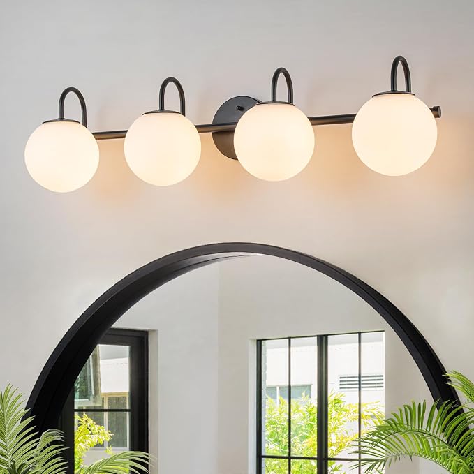 Globe Vanity Light, 31" Modern Gold Bathroom Light Fixtures Mid-Century Milk Glass Vanity Light 4-Light Wall Sconce Black | Mid-Century Milk Glass Vanity Light, Wall Sconce for Bathroom Hallway, Ceramic E12 Base, Dimmable, Up/Down Mounting Design