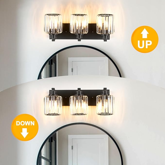 3 Lights Crystal Bathroom Vanity Light Modern Black Bathroom Light Fixture Over Mirror Vanity Lights for Bedroom,Restroom,Hallway E26 Base