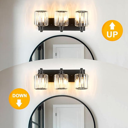3 Lights Crystal Bathroom Vanity Light Modern Black Bathroom Light Fixture Over Mirror Vanity Lights for Bedroom,Restroom,Hallway E26 Base