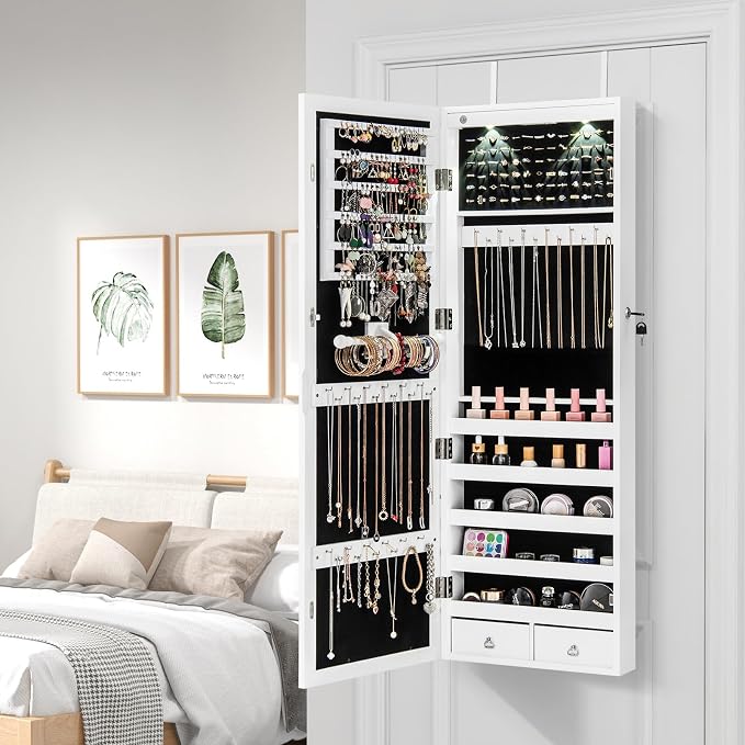 Giantex Jewelry Armoire Wall Door Mounted, Lockable Jewelry Cabinet with 42.5'' Full Length Mirror, 2 LEDs Jewelry Organizer Box with 2 Drawers, Mirror with Jewelry Storage (White)