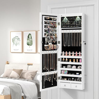 Giantex Jewelry Armoire Wall Door Mounted, Lockable Jewelry Cabinet with 42.5'' Full Length Mirror, 2 LEDs Jewelry Organizer Box with 2 Drawers, Mirror with Jewelry Storage (White)