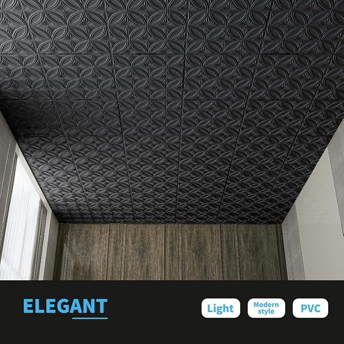 Art3d Decorative PVC Black Drop Ceiling Tile 2ft x 2ft, Glue up 3D Wall Panel 24 x 24in.12pcs | Waterproof, Break-Proof, Wipeable Surface, Scratch Resistant, Compatible with Grid System, Ideal for Commercial Spaces