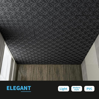 Art3d Decorative PVC Black Drop Ceiling Tile 2ft x 2ft, Glue up 3D Wall Panel 24 x 24in.12pcs | Waterproof, Break-Proof, Wipeable Surface, Scratch Resistant, Compatible with Grid System, Ideal for Commercial Spaces
