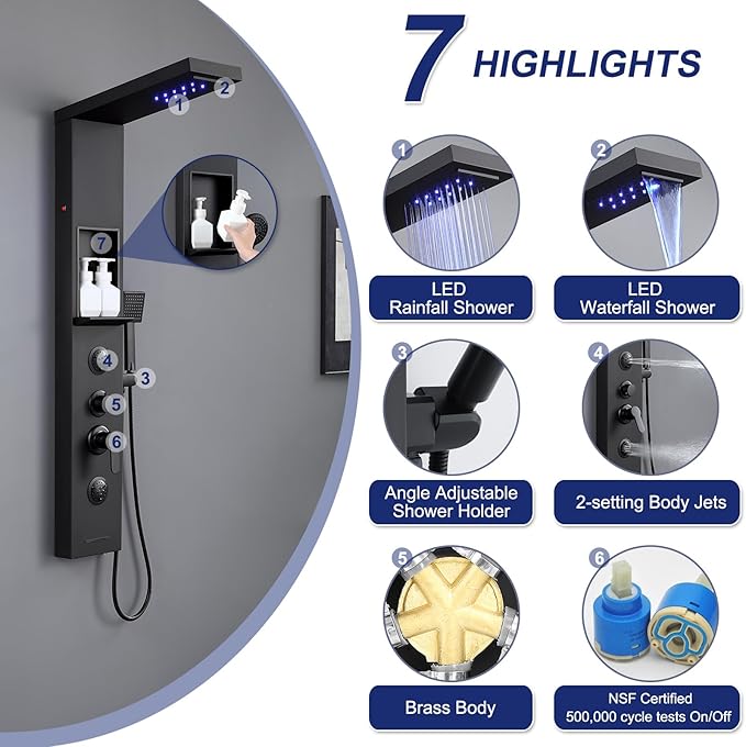 ROVATE Matte Black LED Rainfall Waterfall Shower Panel Tower System with Shelf - Powerful Stainless Steel Shower Column with Mist and Massage Body Jets, Handheld, Waterfall Tub Spout