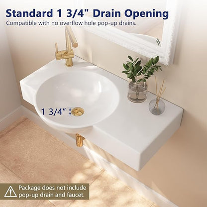 DeerValley 30x18 Inch Wall-Mounted Bathroom Sink, White Ceramic Floating Vessel Sink with Left-Side Faucet Hole and Overflow, Model DV-1WS0125L