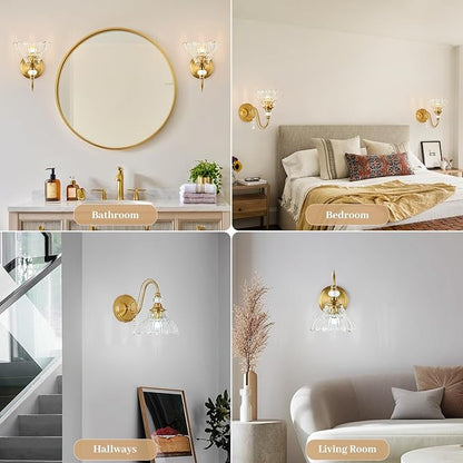 1 Piece Vintage Wall Sconce, 1-Light Brushed Gold Finish Wall Sconce with Hanging Crystal Accents and Flower-Shaped Amber Shades for Bathroom Bedroom Living Room,Vintage Vanity Light