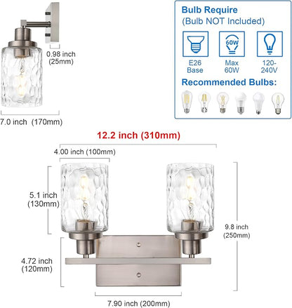 MELUCEE Indoor Wall Sconces Brushed Nickel with Clear Hammered Glass | 2-Light Modern Bathroom Vanity Light Wall Mount Lamp for Mirror Powder Room Dressing Table (Patent No.: US D963914 S)