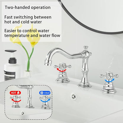 2 Handles 3 Holes Faucet Widespread Bathroom Sink Faucet Chrome Basin Mixer Tap Matching Pop Up Drain with Overflow