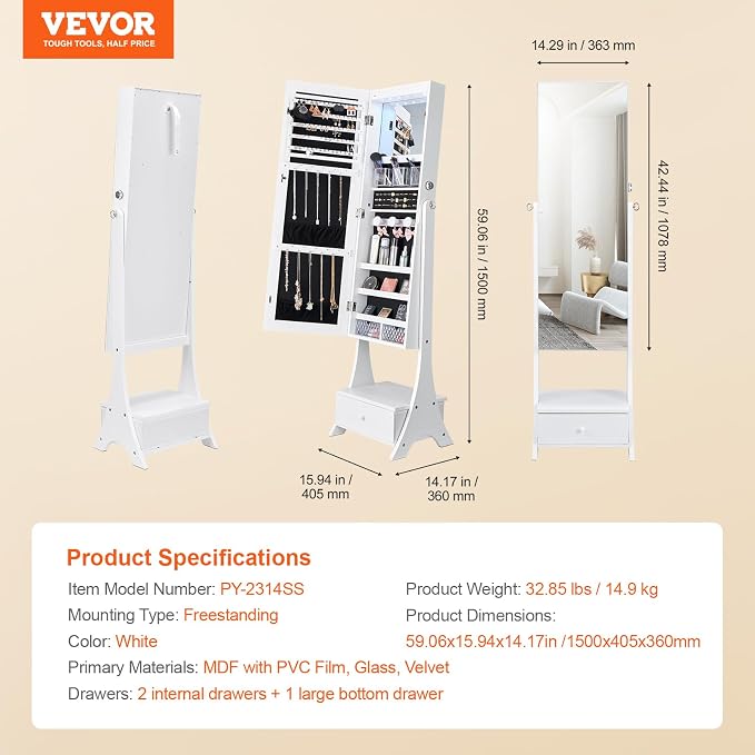 VEVOR Jewelry Cabinet Armoire, 62-Inch Tall Lockable Jewelry Organizer with Full-Length Mirror, LED Light, Velvet Lining, Drawer, Freestanding, White