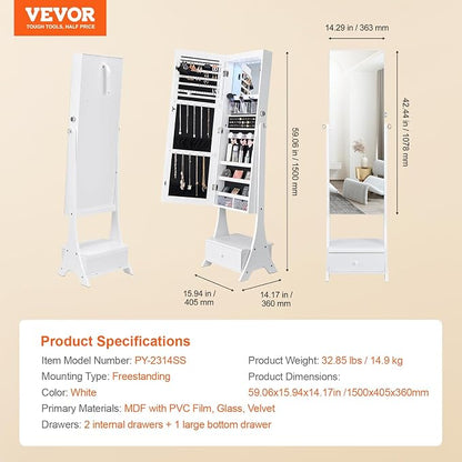 VEVOR Jewelry Cabinet Armoire, 62-Inch Tall Lockable Jewelry Organizer with Full-Length Mirror, LED Light, Velvet Lining, Drawer, Freestanding, White
