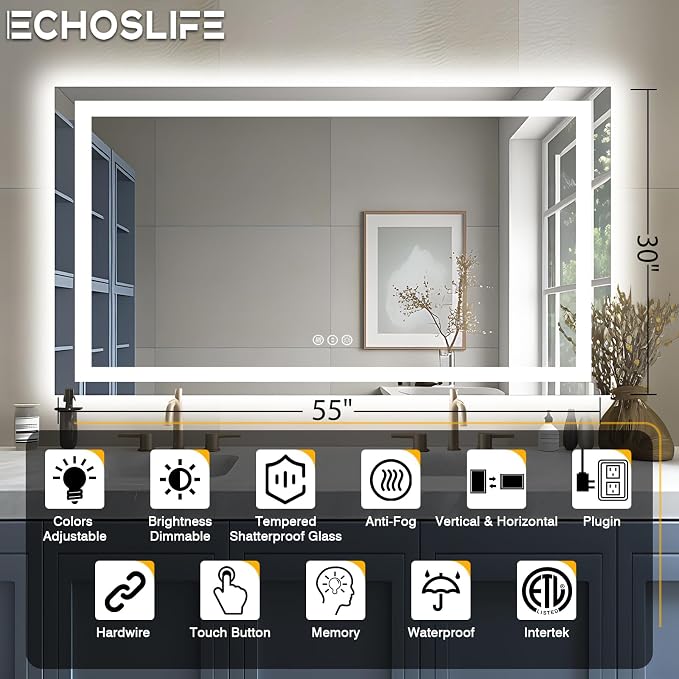 EchosLife 55"x30" LED Bathroom Mirrors for Wall | Backlit + Front Lit, Anti-Fog, Stepless Dimmable, 3 Colors, Memory, Tempered Glass, UL Listed, Horizontal/Vertical