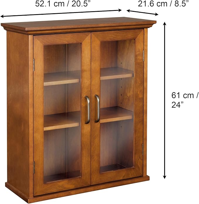 Teamson Home Avery Wooden Over The Toilet Bathroom Removable Wall Medicine Cabinet with 2 Adjustable Shelves 3 Storage Spaces 2 Glass-Paneled Doors and Antique Brass Knobs, Oiled Oak | Glass Paneled Doors, 2 Adjustable Shelves, Antique Brass Knobs, Med...
