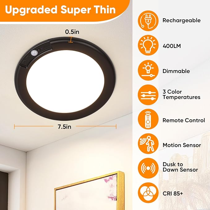 Rechargeable Motion Sensor Ceiling Light, Battery Operated Closet Light | Wireless Battery Powered LED Shower Light, Magnetic Cordless Ceiling Light with Remote, Overhead Lamp for Pantry,Black,2-Pack