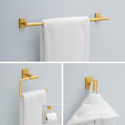 Franklin Brass Hartwell 3-Piece Bathroom Set Satin Gold 18" + 6" Towel Rack, Toilet Paper Holder/Hand Towel Holder, Hook | 3-Piece Bath Hardware Accessories Set HRT63-SG