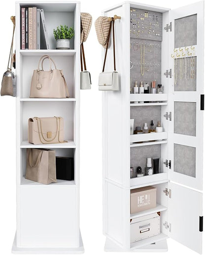 360° Rotating Makeup Jewelry Armoire Cabinet, Mirror Jewelry Cabinet Standing with a Full-Length Mirror, Storage Cabinet a Coat Rack, 4 Layers of Open 2 Layers of Built-In Shelves for Bedroom