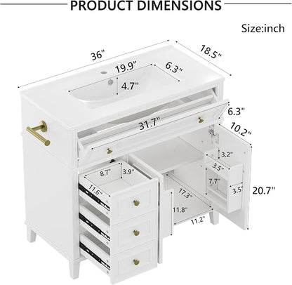 Bellemave 36" Bathroom Vanity with Sink, Bathroom vanities, Green Bathroom Vanity with Drawers, Sink Cabinet, White, 36Inch