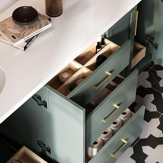 ARIEL Loren 72-inch Bathroom Vanity with Sink,Solid Wood, 1.5-inch Pure White Quartz Countertop, Double Oval Porcelain Sink, 4 Soft Closing Doors, 3 Dovetail Drawers, Vintage Green