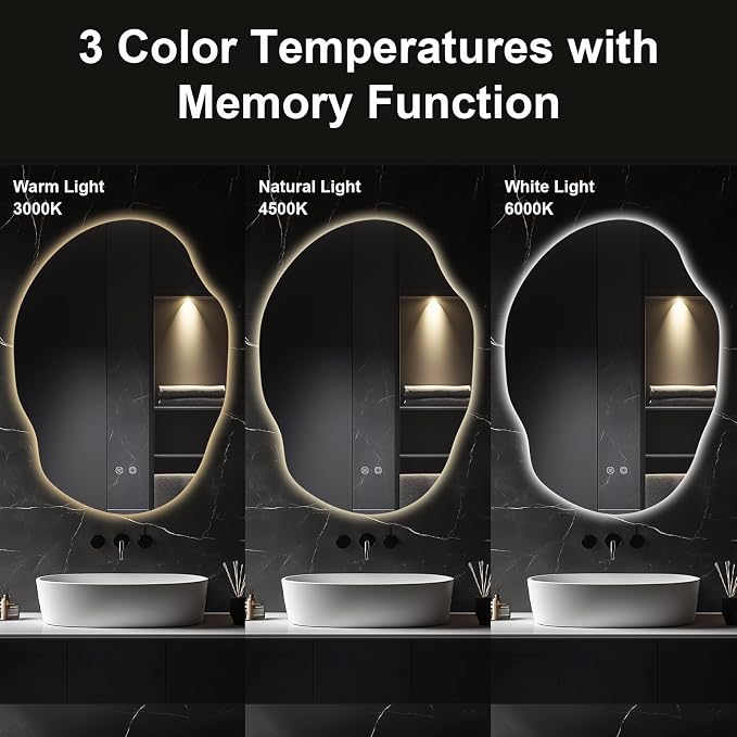 Asymmetrical LED Bathroom Mirror with Lights,Irregular Led Bathroom Vanity Mirror for Wall with Backlit, Anti Fog, 3 Colors and Dimmable Light,[Horizontal/Vertical] 40" H x 30" W