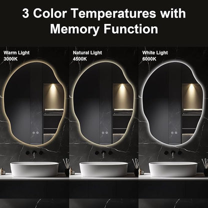 Asymmetrical LED Bathroom Mirror with Lights,Irregular Led Bathroom Vanity Mirror for Wall with Backlit, Anti Fog, 3 Colors and Dimmable Light,[Horizontal/Vertical] 40" H x 30" W