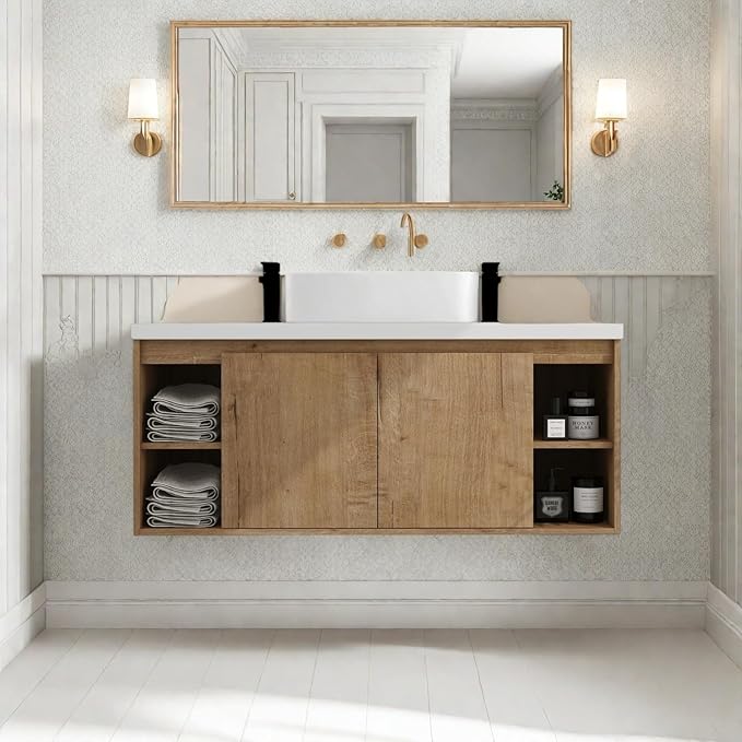 Floating Bathroom Vanity, 48" Bathroom Storage Cabinet with Double Resin Sinks, 2 Soft-Close Doors & 4 Open Storage Shelves, Modern Wall-Mounted Vanity with 45° Bevel Handles, Oak