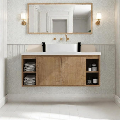 Floating Bathroom Vanity, 48" Bathroom Storage Cabinet with Double Resin Sinks, 2 Soft-Close Doors & 4 Open Storage Shelves, Modern Wall-Mounted Vanity with 45° Bevel Handles, Oak