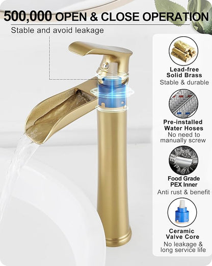 Vessel Sink Faucet, Tall Brass Waterfall Bathroom Faucet 1 Handle Gold Faucets for Bathroom Vanity 1 Hole with Pop-Up Drain & Supply Hoses