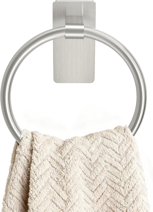 STWWO Hand Towel Holder for Bathroom, Brushed Nickel Towel Ring Adhesive | Bathroom Towel Holder Self Adhesive for Bath RV Kitchen, No Drill Hole